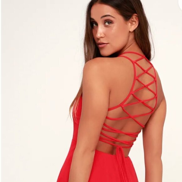 Lulus Good Deeds Red Lace-Up Dress Size Small - Picture 7 of 10